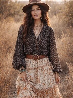 Banana Rep L top/tunic balloon sleeves ruffle high/low hem tribal print boho